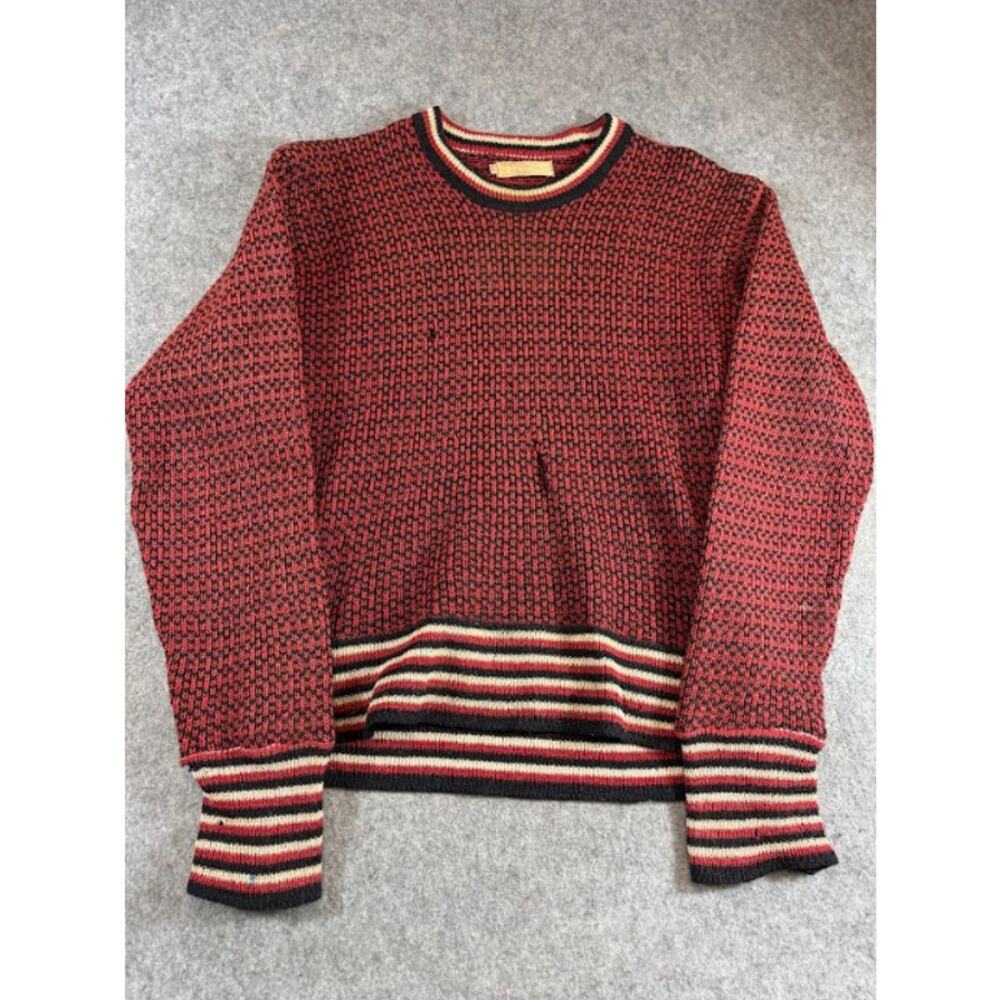 VTG 40s Norwegian Wool Sweater Men 52 Red Stripe Crewneck Textured Knit Indie